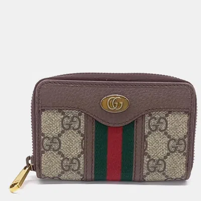 Pre-owned Gucci Beige Brown Canvas Ophidia Card Holder (597613)