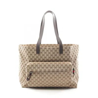 Pre-owned Gucci Beige Brown Canvas/webbing Leather Tote Bag ()