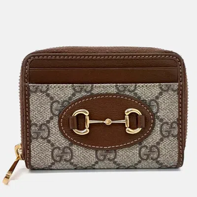 Pre-owned Gucci Beige Brown Coated Canvas 1955 Horsebit Card Holder In Sand