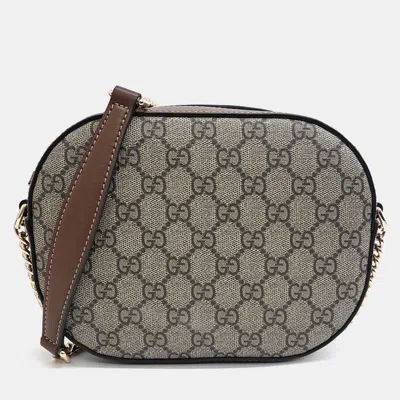 Pre-owned Gucci Beige Brown Coated Canvas And Leather Gg Supreme Mini Chain Crossbody Bag In Sand