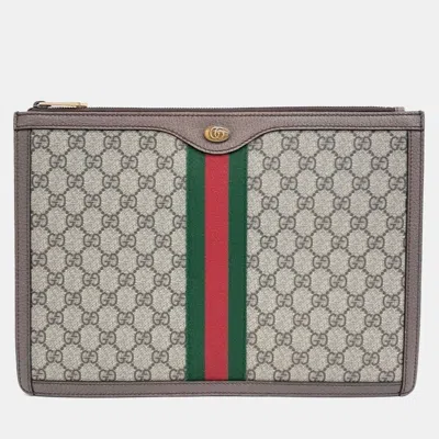 Pre-owned Gucci Beige Brown Coated Canvas And Leather Supreme Portfolio Clutch Bag