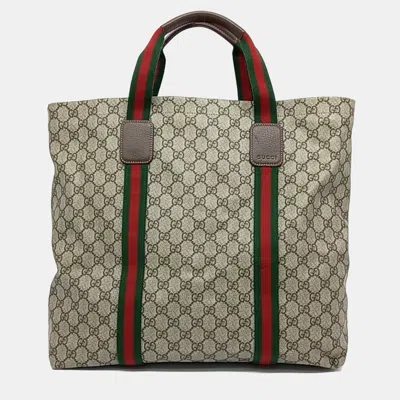 Pre-owned Gucci Beige Brown Coated Canvas Web Tote Bag In Sand