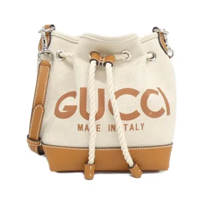 Pre-owned Gucci Beige Brown Cotton Linen Canvas Leather Shoulder Bag ()