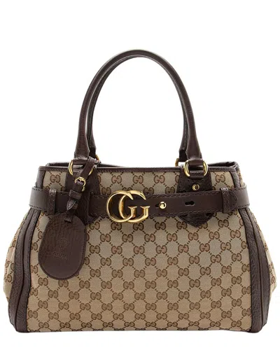 Pre-owned Gucci Beige, Brown Gg Canvas, Leather Running Medium Tote (authentic Pre-loved)