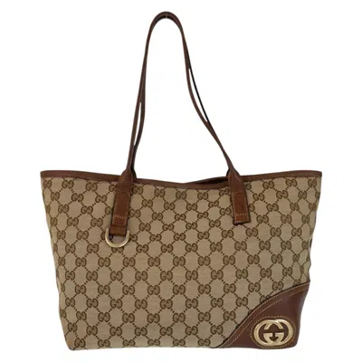 Pre-owned Gucci Beige Brown Gg Canvas Leather Shoulder Bag Tote Bag ()