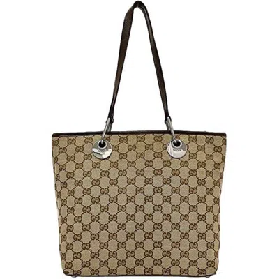 Pre-owned Gucci Beige Brown Gg Canvas Leather Tote Bag ()