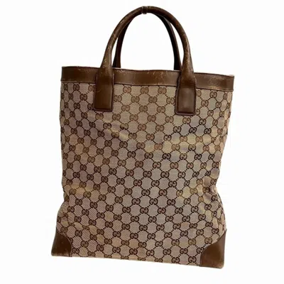 Pre-owned Gucci Beige Brown Gg Canvas Leather Tote Bag ()
