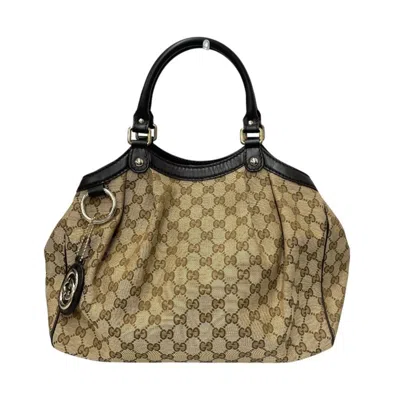 Pre-owned Gucci Beige Brown Gg Canvas Leather Tote Bag ()