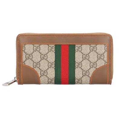 Pre-owned Gucci Beige Brown Gg Supreme Canvas Leather Long Wallet (bi-fold) () In Multi