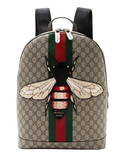Pre-owned Gucci Beige, Brown Gg Supreme Coated Canvas, Embroidery, Leather, Nylon  Animalier Bee Backpack (aut