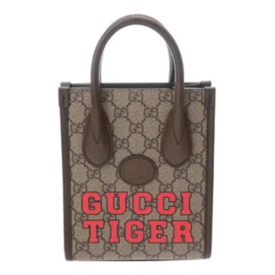 Pre-owned Gucci Beige Brown Gg Supreme Leather Tote Bag ()