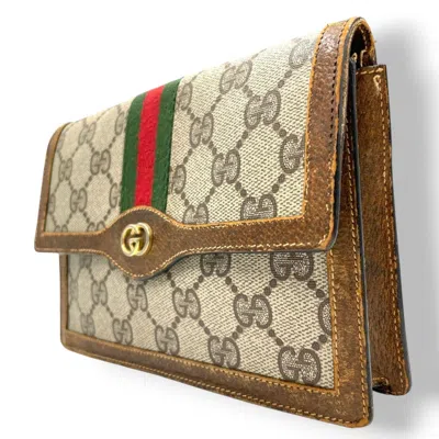 Pre-owned Gucci Beige Brown Green Multi-color Red Color Gg Supreme Leather Clutch Bag Pouch ()