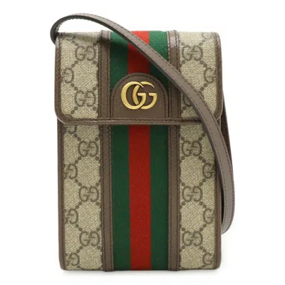 Pre-owned Gucci Beige Brown Green Red Color Gg Supreme Canvas Leather Pochette Shoulder Bag ()