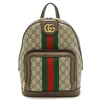 Pre-owned Gucci Beige Brown Green Red Color Gg Supreme Leather Backpack ()