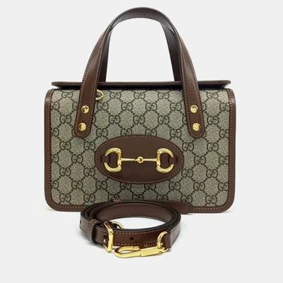 Pre-owned Gucci Beige Brown Leather And Pvc 1955 Horsebit Mini Top Handle Bag In Sand
