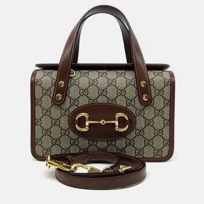 Pre-owned Gucci Beige Brown Leather And Pvc 1955 Horsebit Mini Top Handle Bag In Sand