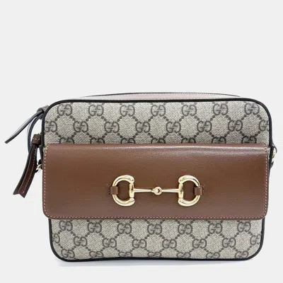 Pre-owned Gucci Beige Brown Leather And Pvc 1955 Horsebit Small Crossbody Bag In Sand