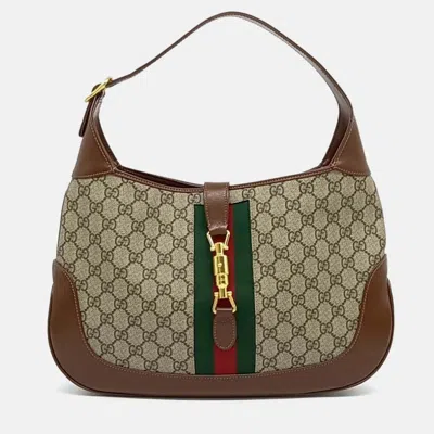 Pre-owned Gucci Beige Brown Leather And Pvc Jackie 1961 Medium Hobo Bag In Sand