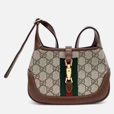 Pre-owned Gucci Beige Brown Leather And Pvc Jackie 1961 Mini Hobo Bag In Sand