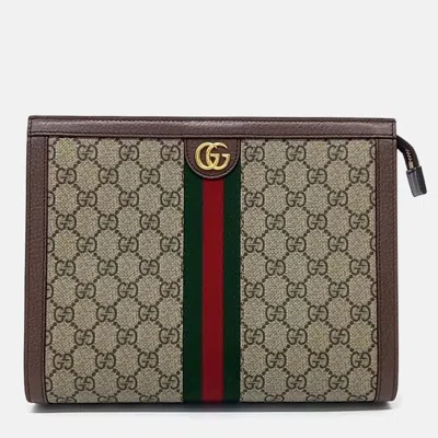 Pre-owned Gucci Beige Brown Leather And Pvc Ophidia Clutch In Sand