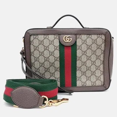 Pre-owned Gucci Beige Brown Leather And Pvc Ophidia Gg Shoulder Bag Small In Sand