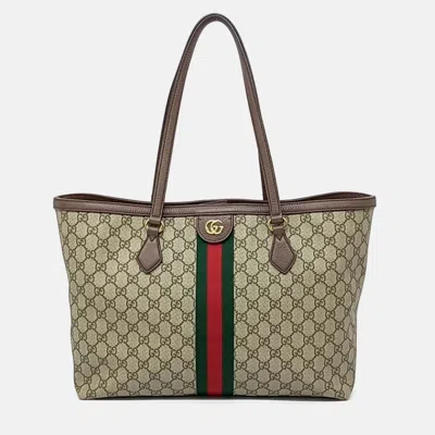 Pre-owned Gucci Beige Brown Leather And Pvc Ophidia Gg Supreme Shopper Bag In Sand