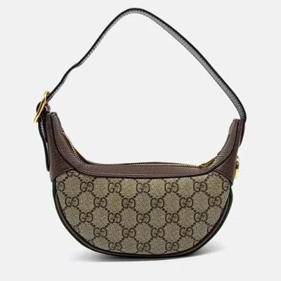 Pre-owned Gucci Beige Brown Leather And Pvc Ophidia Hobo Bag In Sand