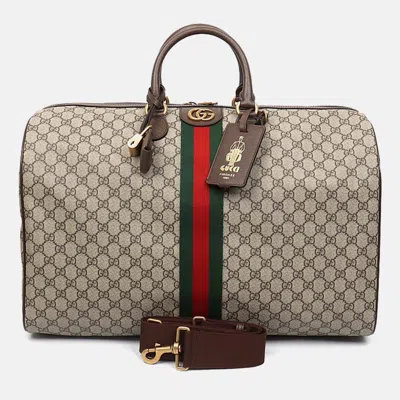 Pre-owned Gucci Beige Brown Leather And Pvc Ophidia Savoy Duffel Bag In Sand