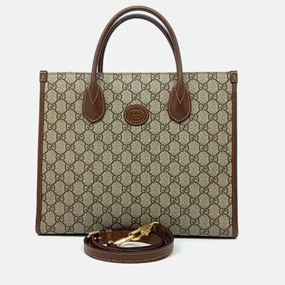 Pre-owned Gucci Beige Brown Leather And Pvc Supreme Interlocking G Small Tote Bag In Sand