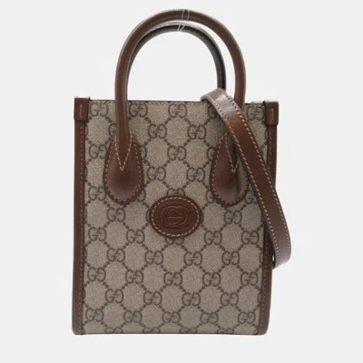 Pre-owned Gucci Beige Brown Leather Canvas Gg Supreme Shoulder Bag