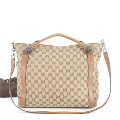 Pre-owned Gucci Beige Brown Leather Canvas Tote Bag () In Multi