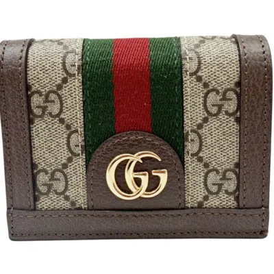 Pre-owned Gucci Beige Brown Leather Gg Canvas Wallet (bi-fold) () In Multi