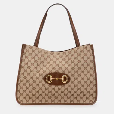 Pre-owned Gucci Beige Brown Medium Gg Canvas Horsebit 1955 Tote In Sand