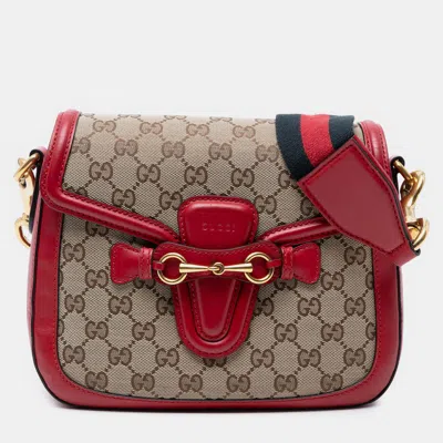 Pre-owned Gucci Beige Brown Medium Gg Canvas Lady Web Crossbody In Sand