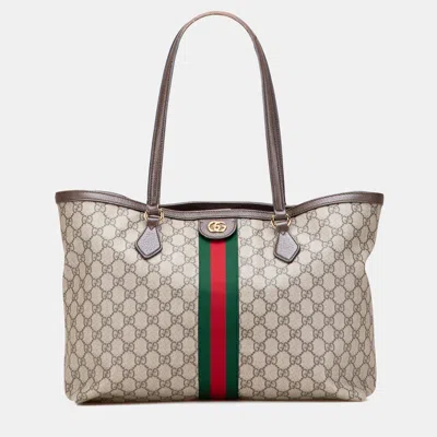 Pre-owned Gucci Beige Brown Medium Gg Supreme Ophidia Tote In Sand