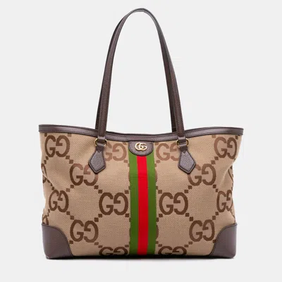 Pre-owned Gucci Beige Brown Medium Jumbo Gg Canvas Web Ophidia Tote In Sand