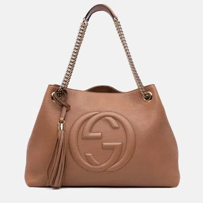Pre-owned Gucci Beige Brown Medium Leather Soho Chain Tote In Sand