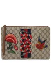 Gucci Beige, Brown, Multi Gg Supreme Coated Canvas & Leather Kingsnake Large Zip Pouch (authentic Pr In Multi
