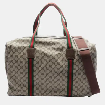 Pre-owned Gucci Beige Brown Multicolor Coated Canvas Leather Gg Supreme Sherry Line Boston Duffle Bag