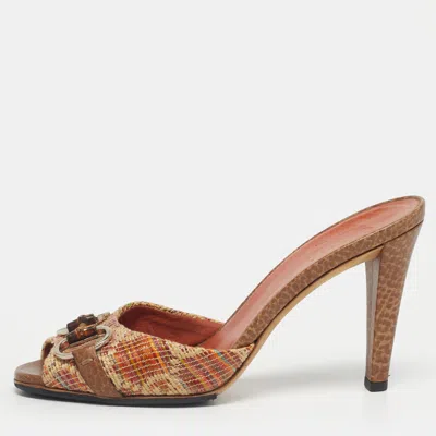 Pre-owned Gucci Beige Brown Orange Tweed Horsebit Slide Sandals Size 37