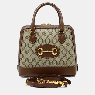 Pre-owned Gucci Beige Brown Pvc 1955 Horsebit Top Handle Bag Small In Sand