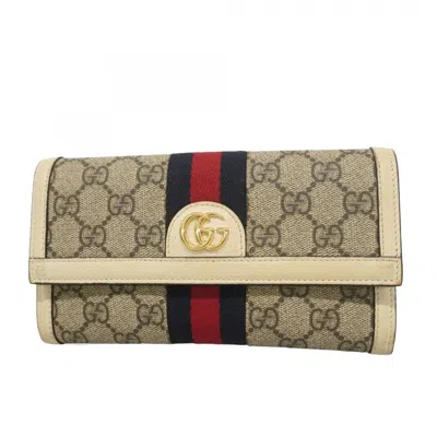 Pre-owned Gucci Beige Brown Pvc Leather Long Wallet (bi-fold) () In Multi