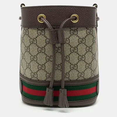 Pre-owned Gucci Beige Brown Pvc Ophidia Mini Bucket Bag In Sand