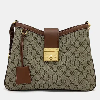 Pre-owned Gucci Beige Brown Pvc Padlock Gg Medium Shoulder Bag In Sand