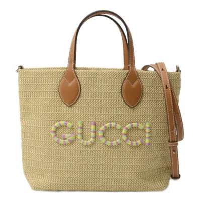 Pre-owned Gucci Beige Brown Raffia Leather Shoulder Bag Tote Bag ()