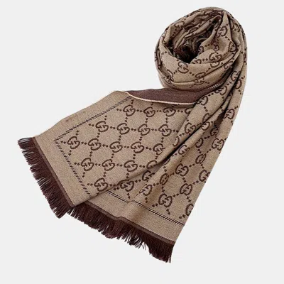 Pre-owned Gucci Beige Brown Wool Scarf In Sand