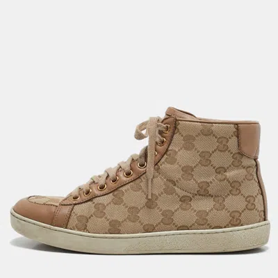 Pre-owned Gucci Beige Canvas And Leather Brooklyn High Top Sneakers Size 37