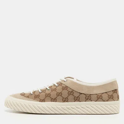 Pre-owned Gucci Beige Canvas And Suede Low Top Trainers Size 46