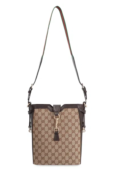 Gucci Beige Canvas Bucket Handbag With Leather Details And Gold-tone Hardware In Tan