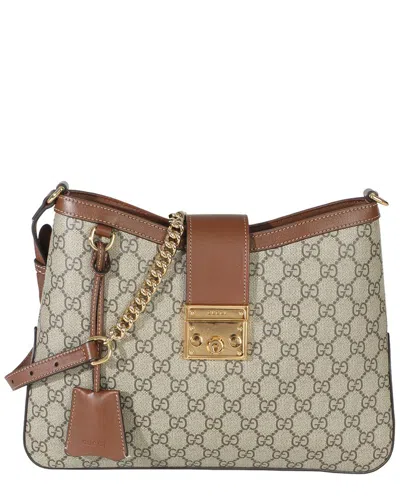 Pre-owned Gucci Beige Canvas Ebony Gg Supreme Monogram Canvas Medium Padlock Shoulder  Bag (authentic Pre-love